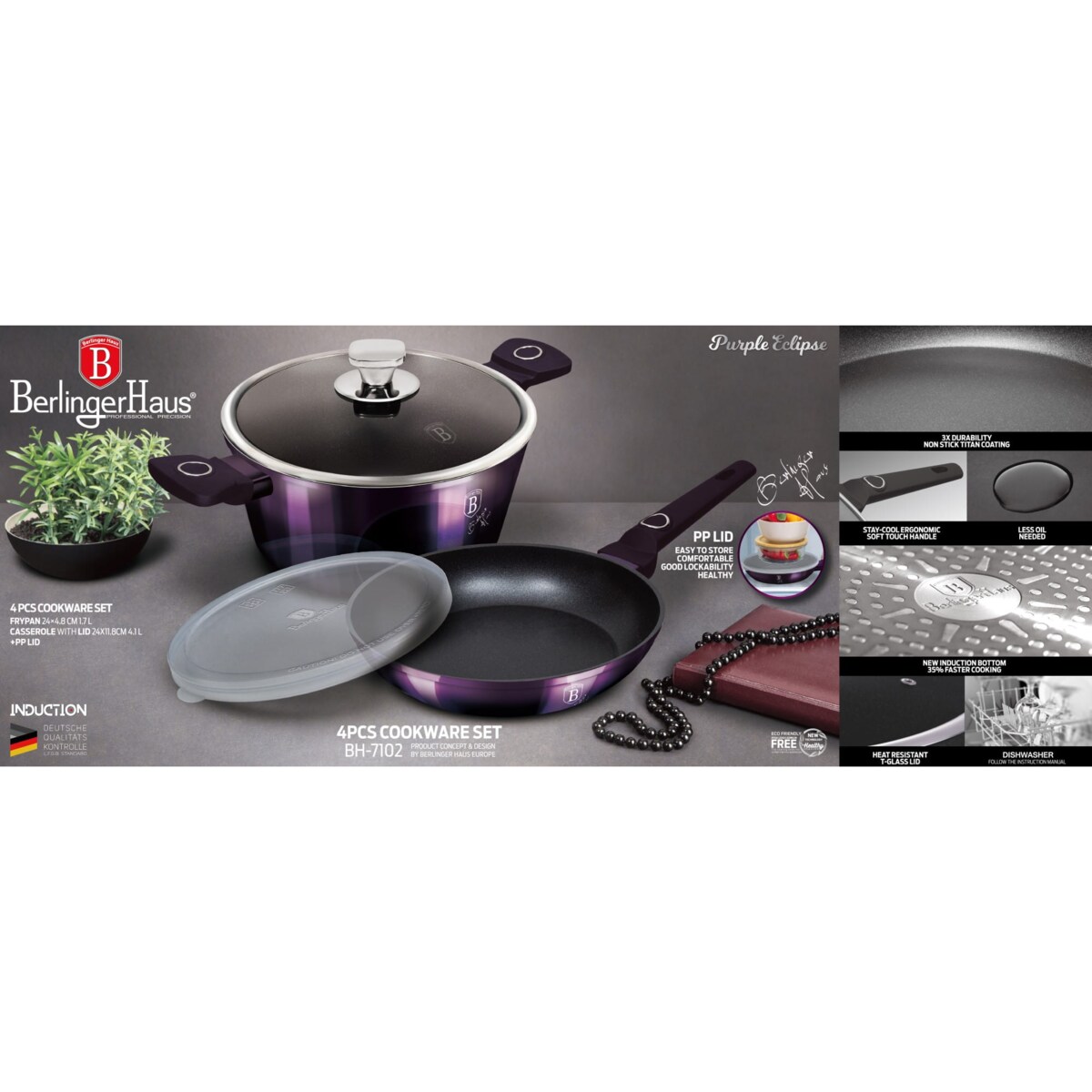 Zestaw garnek z patelnią 24cm z powłoką tytanową 4 elementy BERLINGER HAUS Purple Eclipse