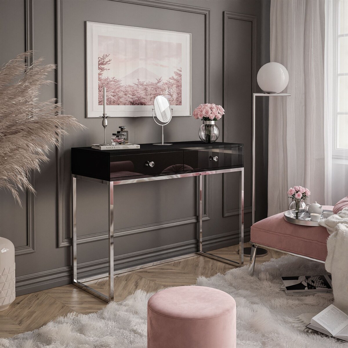 BLANCO GLAMOUR II konsola 100x42x81 cm czarny wysoki połysk z chromowanymi nogami i kryształowymi uchwytami