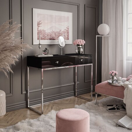 BLANCO GLAMOUR II konsola 100x42x81 cm czarny wysoki połysk z chromowanymi nogami i kryształowymi uchwytami