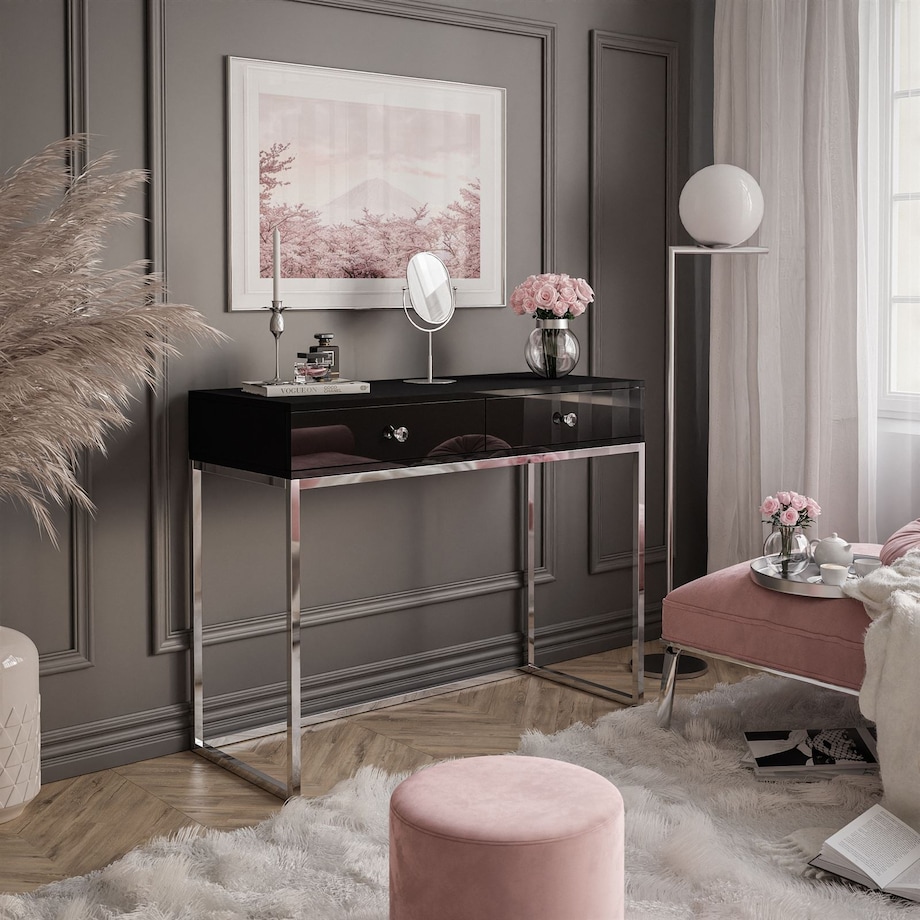 BLANCO GLAMOUR II konsola 100x42x81 cm czarny wysoki połysk z chromowanymi nogami i kryształowymi uchwytami