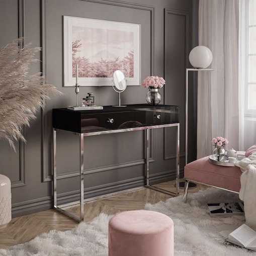 BLANCO GLAMOUR II konsola 100x42x81 cm czarny wysoki połysk z chromowanymi nogami i kryształowymi uchwytami