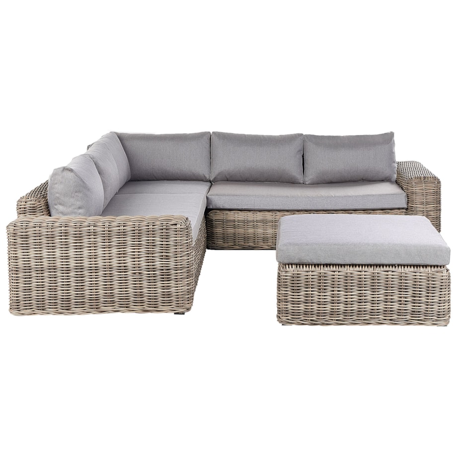 Narożnik ogrodowy z otomaną dla 6 osób PALERMO Modułowy Technorattan Jasnobrązowy