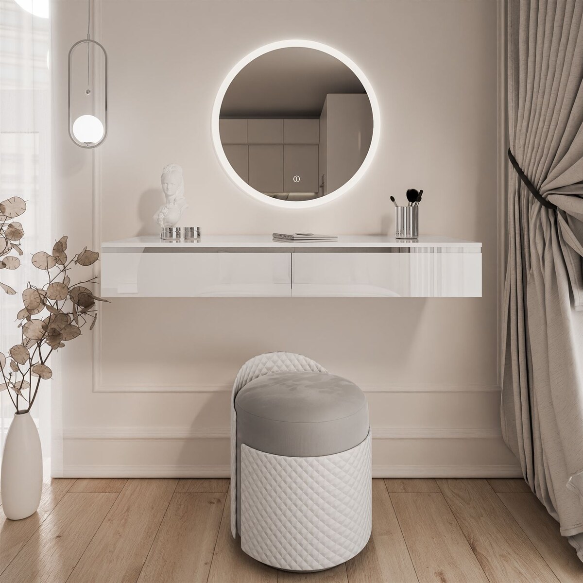 Toaletka kosmetyczna AURORA SILVER wisząca biały połysk, lustro