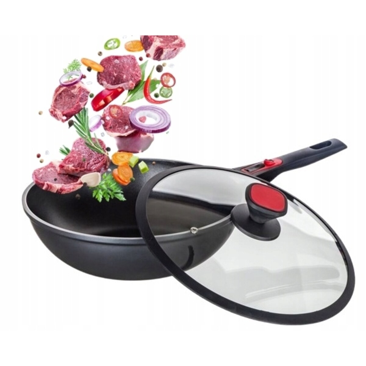 WOK PATELNIA z odpinaną rączką BANQUET pokrywka szklana 30cm aluminium box