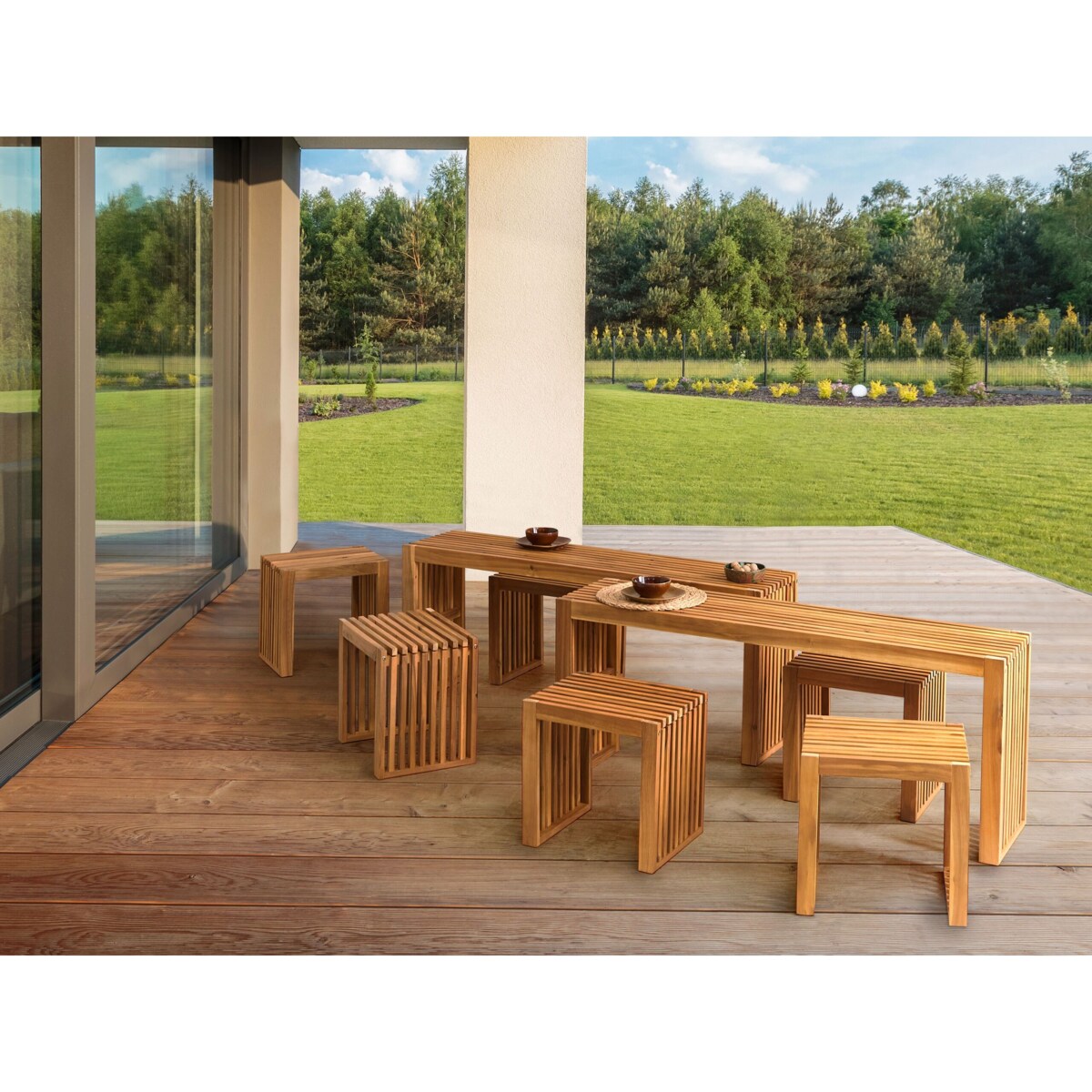 Zestaw ogrodowy z ławkami i stołkami dla 6 osób BELLANO Drewno akacjowe Brązowy