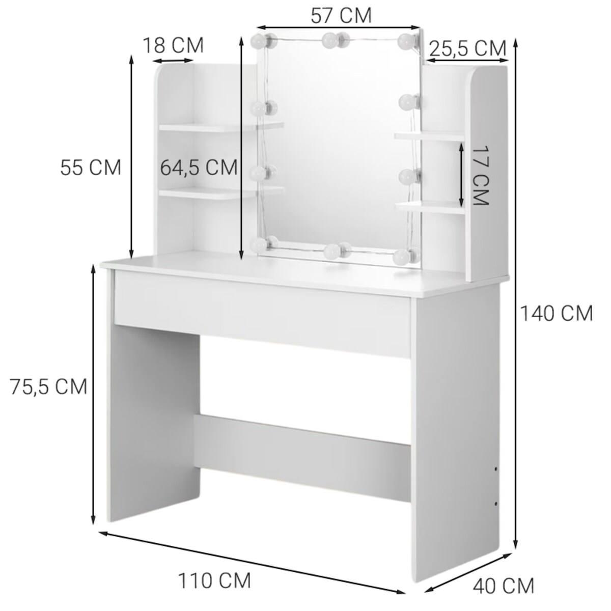 Toaletka kosmetyczna makijażu wizażu z lustrem led nowoczesna loft 110 cm