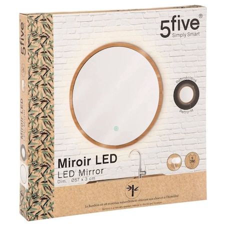 Lustro łazienkowe z oświetleniem LED, bambusowa rama, Ø 57 cm