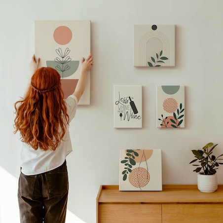 Zestaw 5 obrazów na płótnie - Stylowe roślinne dekoracje boho - beżowy