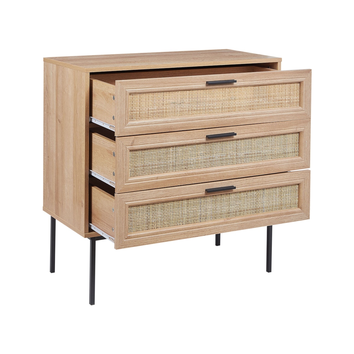 Komoda 3 szuflady fronty rattanowe jasne drewno PASCO