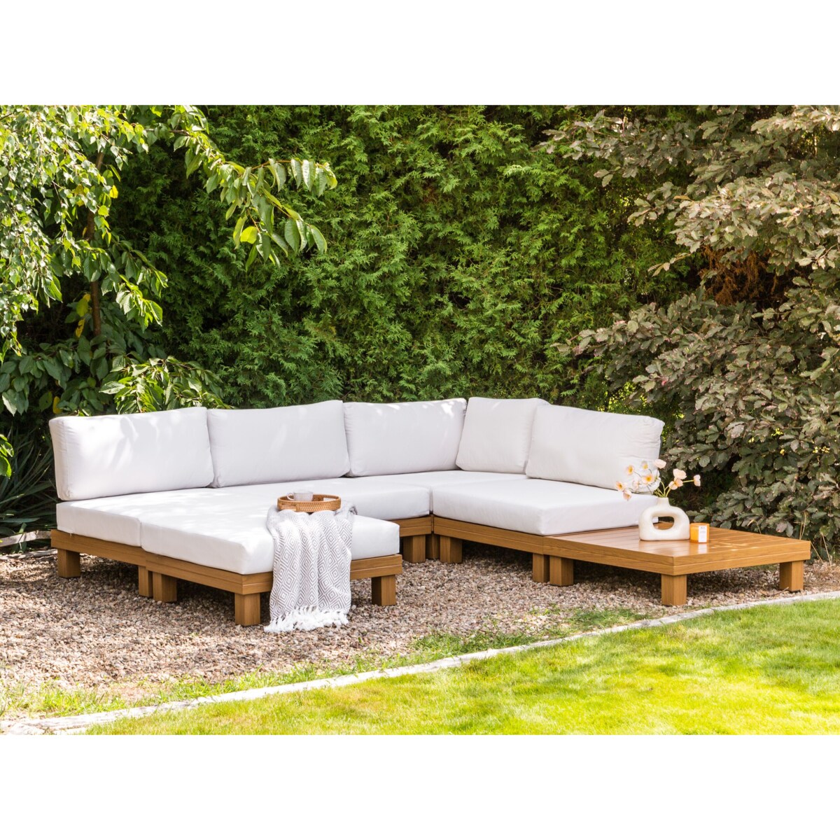 Narożnik ogrodowy ze stolikiem dla 5 osób SANZA Lewostronny Modułowy Metal Biały