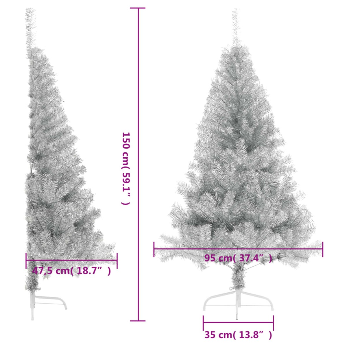 vidaXL Sztuczna choinka połówka ze stojakiem, srebrna, 150 cm, PET