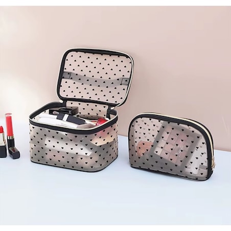 Kosmetyczka damska kuferek transparentna czarne serca 12x21x13cm KS125