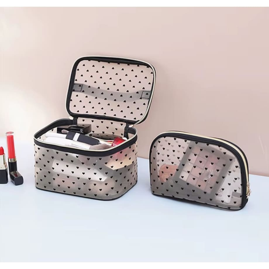 Kosmetyczka damska kuferek transparentna czarne serca 12x21x13cm KS125