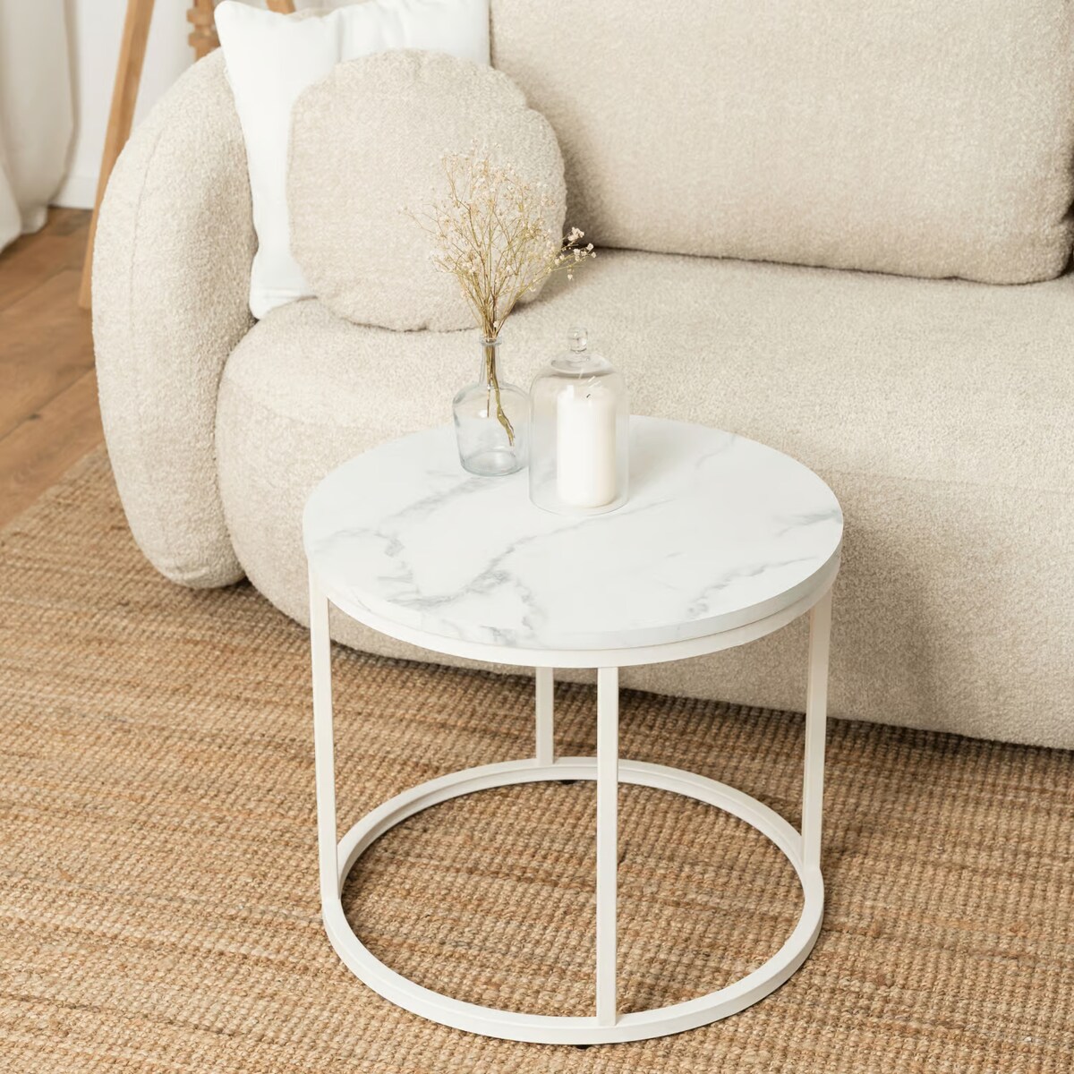 Stolik Kawowy Okrągły Loft Biały Marmur Mały Ława Okrągła Biała Mała AGNES