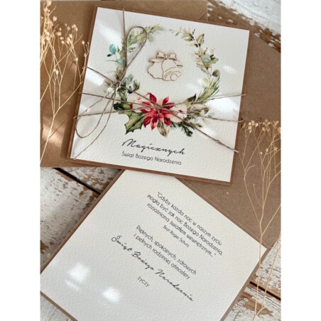 Wyjątkowa stylowa kartka ekologiczna świąteczna + najpiękniejsze życzenia na Boże Narodzenie świąteczny wianek + świąteczne dzwonki