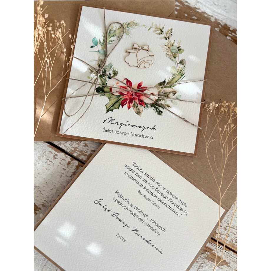 Wyjątkowa stylowa kartka ekologiczna świąteczna + najpiękniejsze życzenia na Boże Narodzenie świąteczny wianek + świąteczne dzwonki