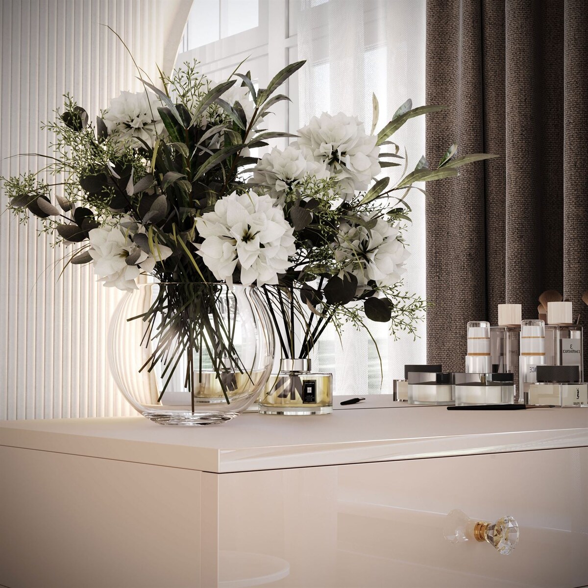 Toaletka kosmetyczna QUINNIE KASZMIR z lustrem LED złoty chrom, lewa, uchwyt biały kryształ