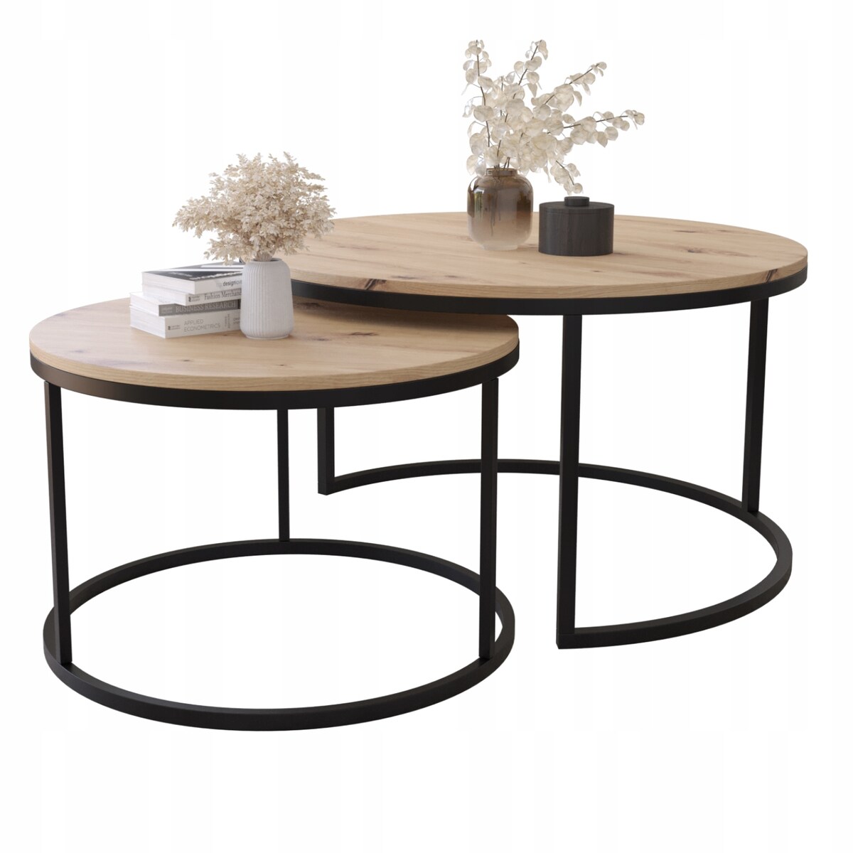 Stolik Kawowy DĄB ARTISAN Loft Okrągły Zestaw 2w1 Czarne Nogi SOFT LOFT SET