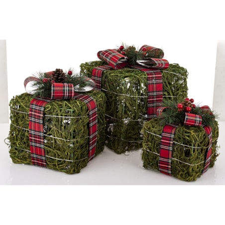 Dekoracja LED - 3 szt. 30x27, 25x22, 12x16 cm pudełek z czerwoną kraciastą wstążką