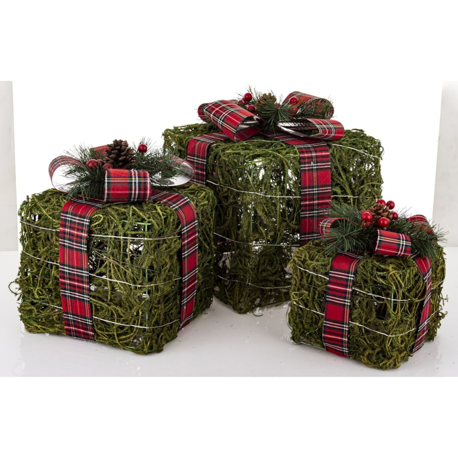 Dekoracja LED - 3 szt. 30x27, 25x22, 12x16 cm pudełek z czerwoną kraciastą wstążką