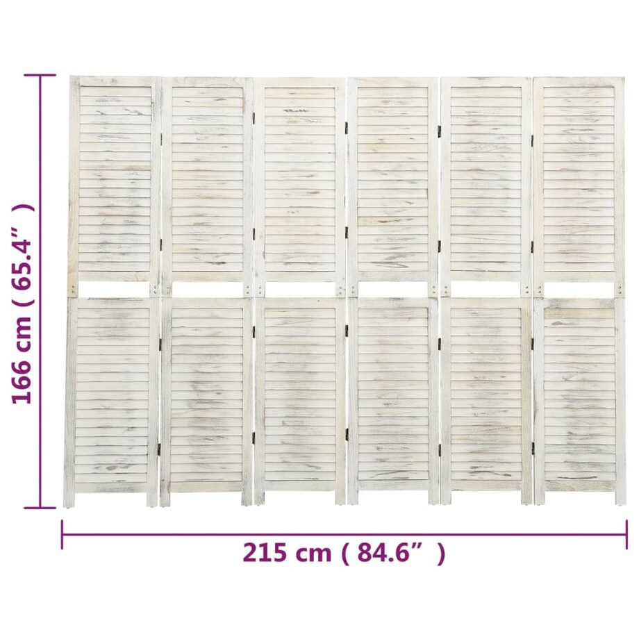 vidaXL Parawan 6-panelowy, postarzany biały, 215x166 cm, lite drewno