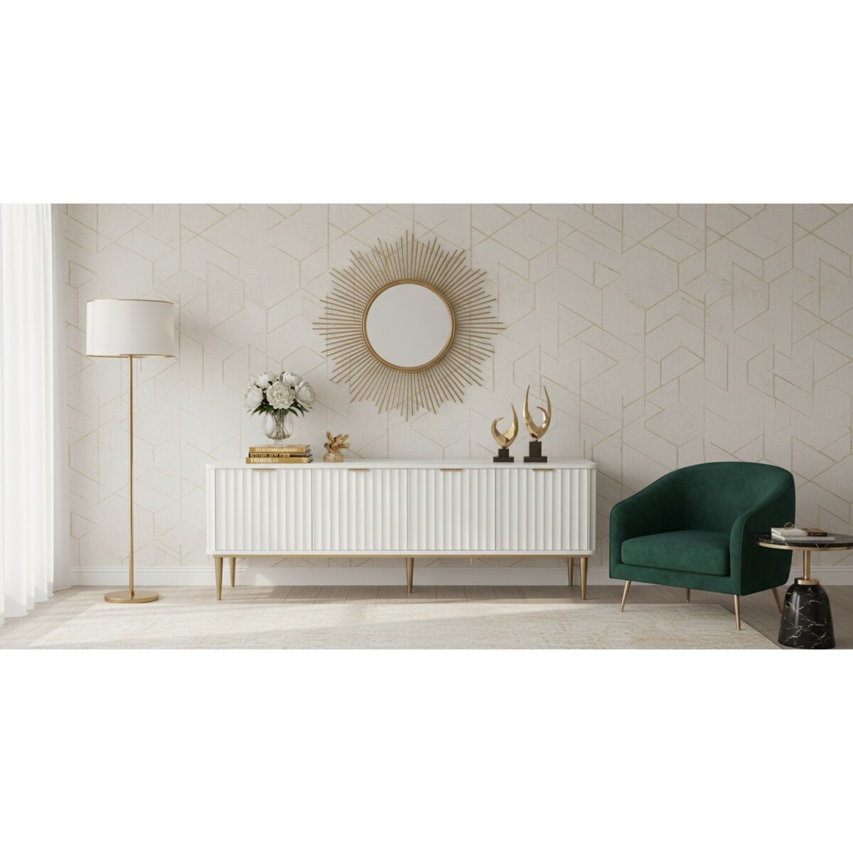 Ryflowana szafka RTV złota Livino Glamour Premium 200x40x55