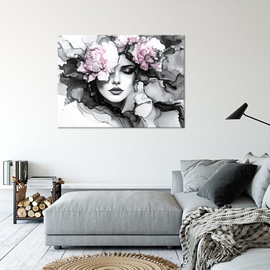 Obraz czarno biały do salonu sypialni, Kobieta z kwiatami na głowie 120x80