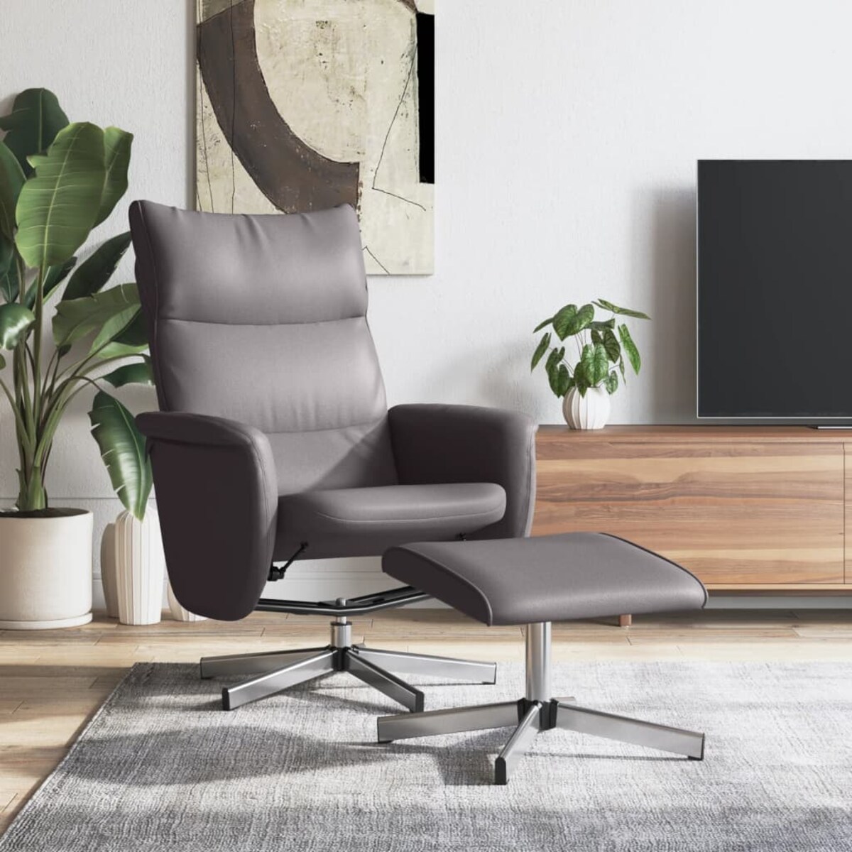 vidaXL Rozkładany fotel z podnóżkiem, szary, obity sztuczną skórą