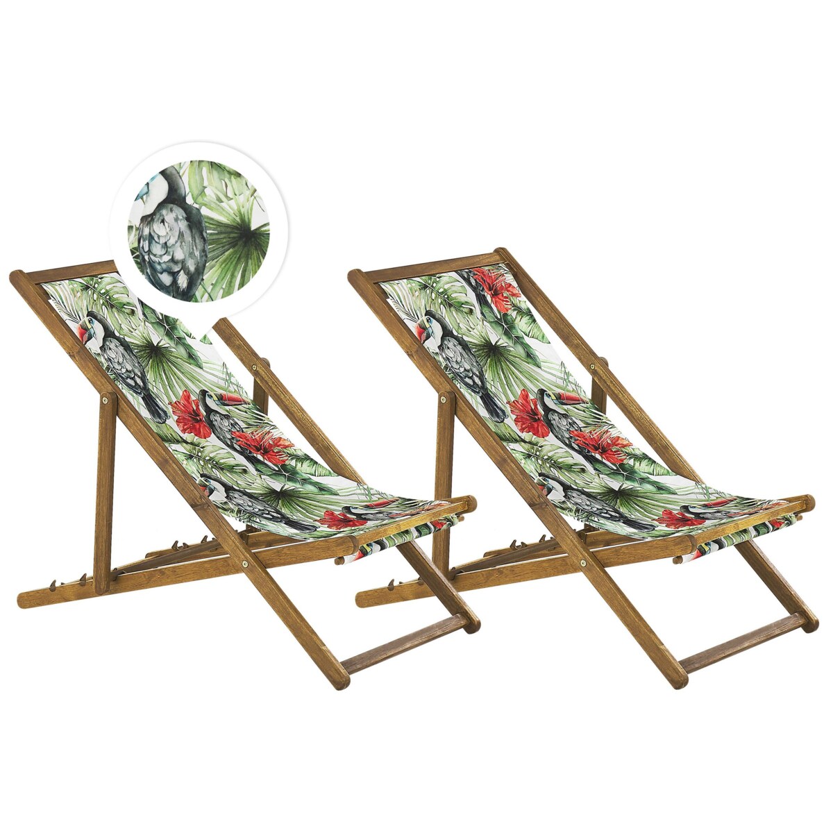 Zestaw 2 leżaków ogrodowych jasne drewno akacjowe wzór w tukany ANZIO