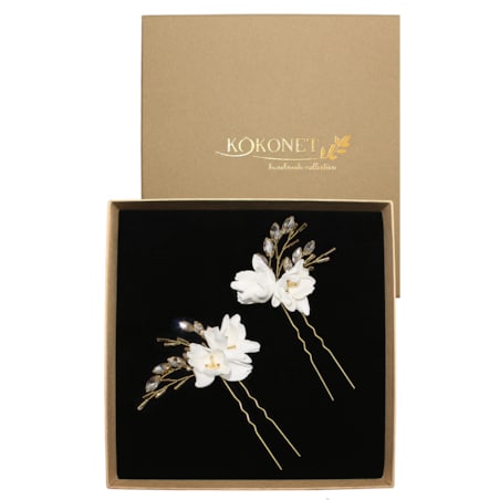 Ozdoba do włosów szpilki kokówki z kwiatami złote cyrkonie ręcznie robione