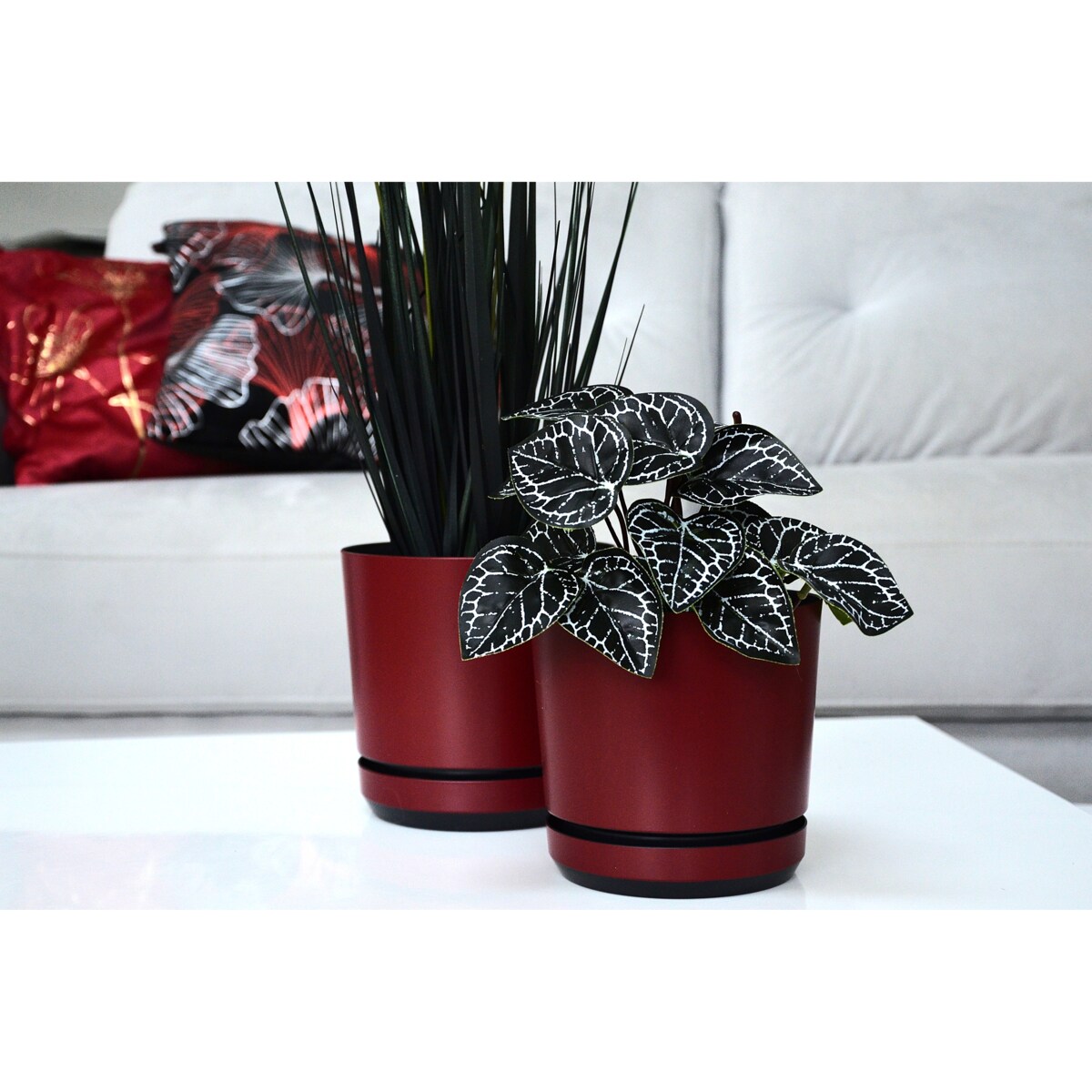 12 Doniczka z podstawką wzór BORDOWY nowoczesna z połyskiem elegancka pół mat