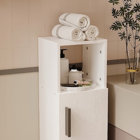 Szafka łazienkowa słupek wąski biały drzwi wysoki półki nowoczesna 101 cm