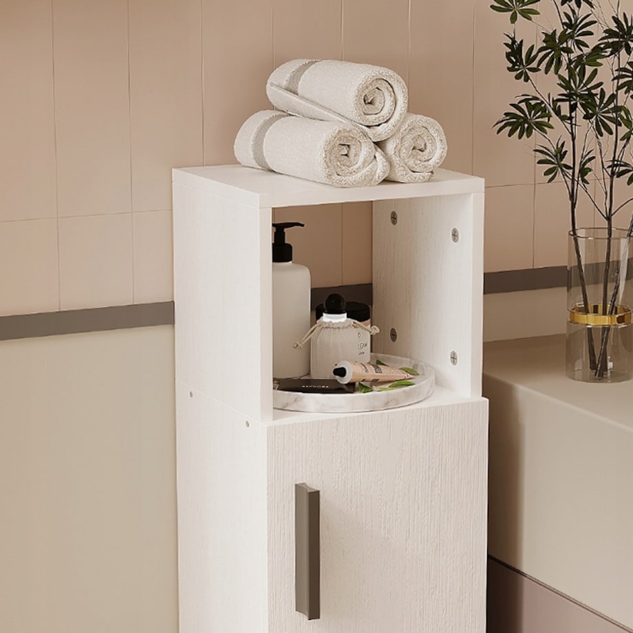 Szafka łazienkowa słupek wąski biały drzwi wysoki półki nowoczesna 101 cm