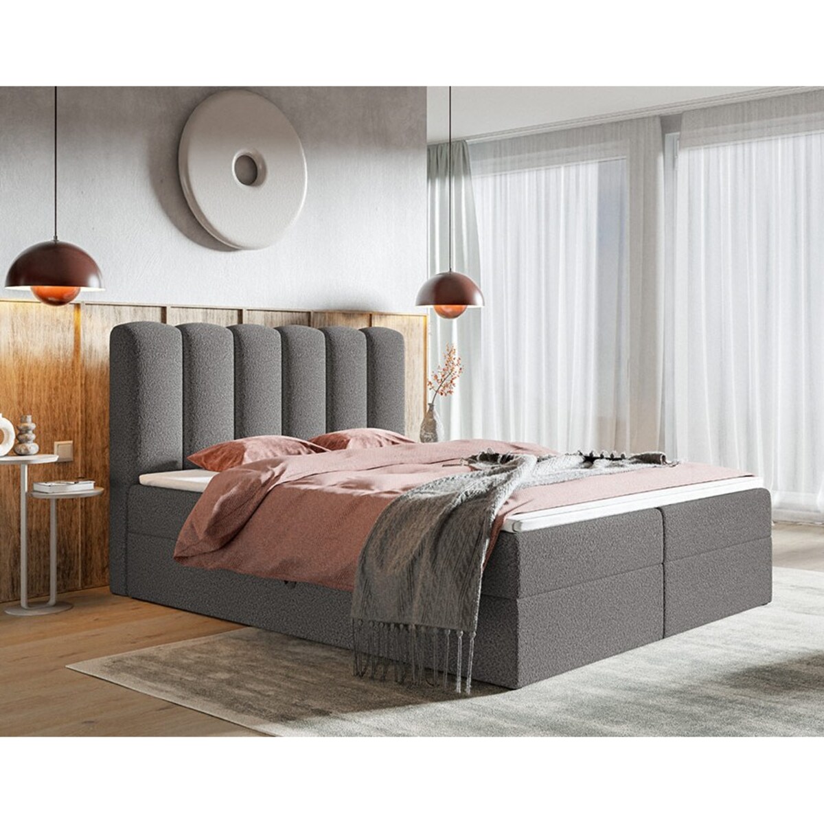 Łóżko kontynentalne FOX 10 160x200 do sypialni tkanina boucle - grafitowe