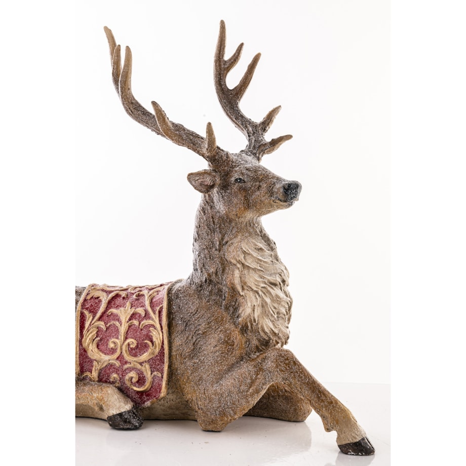 Figurka - leżący jeleń 29x29x13 cm OLEN z czerwono-złotą derką