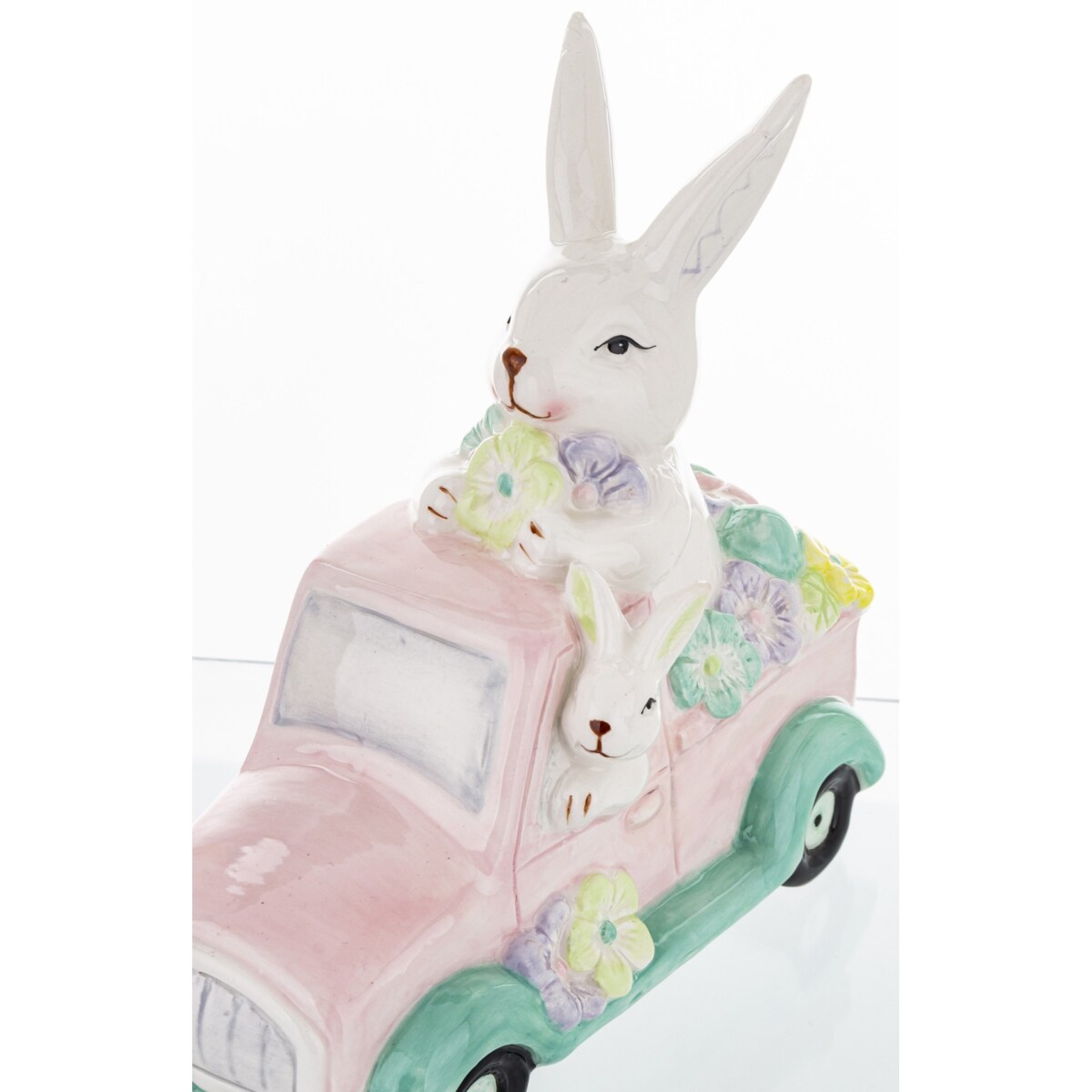 Dekoracja - króliki w samochodzie z kwiatami 20x10,5x19 cm różowy