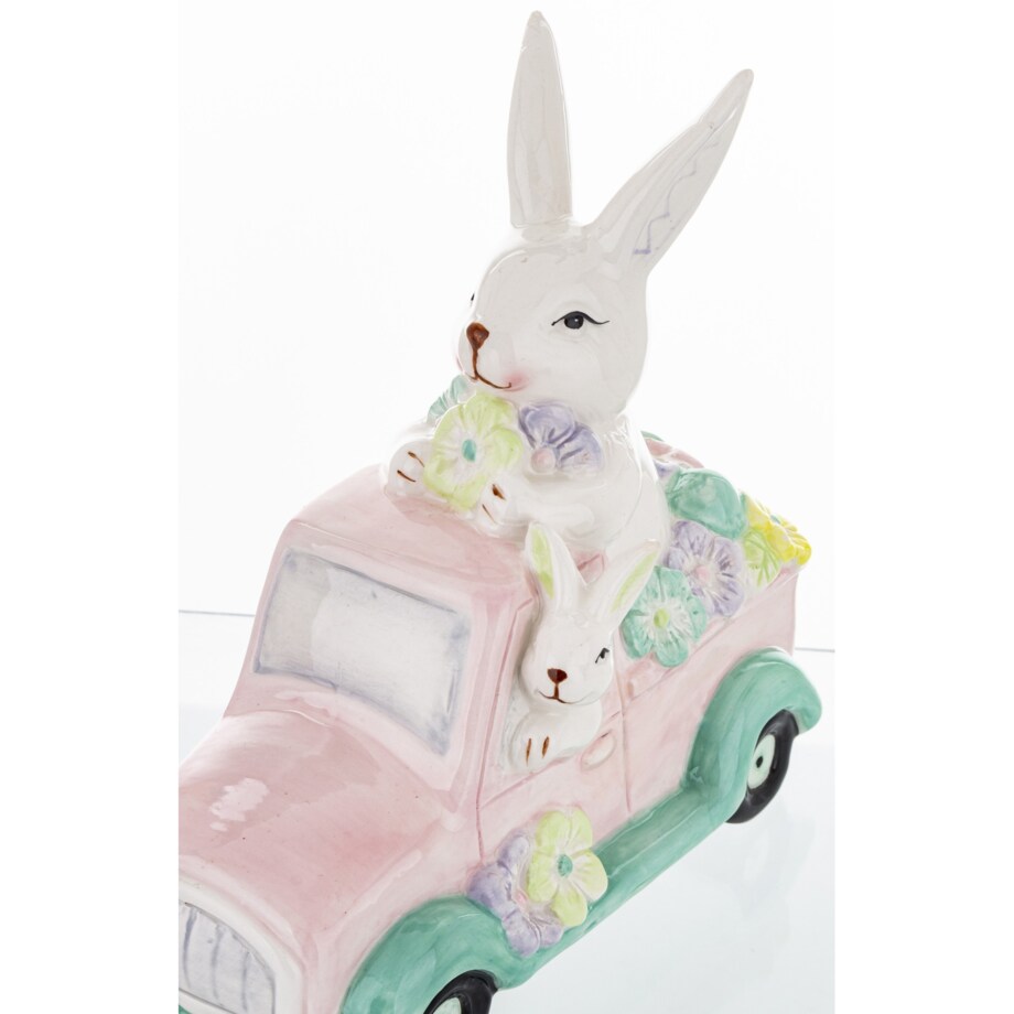 Dekoracja - króliki w samochodzie z kwiatami 20x10,5x19 cm różowy