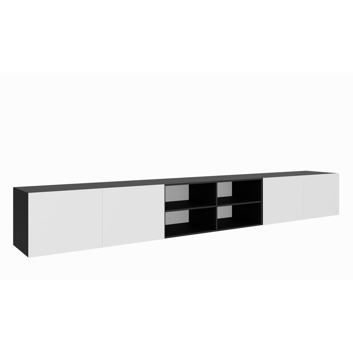 Szafka RTV LION 300 cm otwarta z półkami, do salonu -czarny + biały