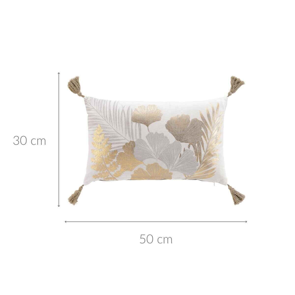 Podłużna poduszka ozdobna z frędzlami, złote liście, 30 x 50 cm