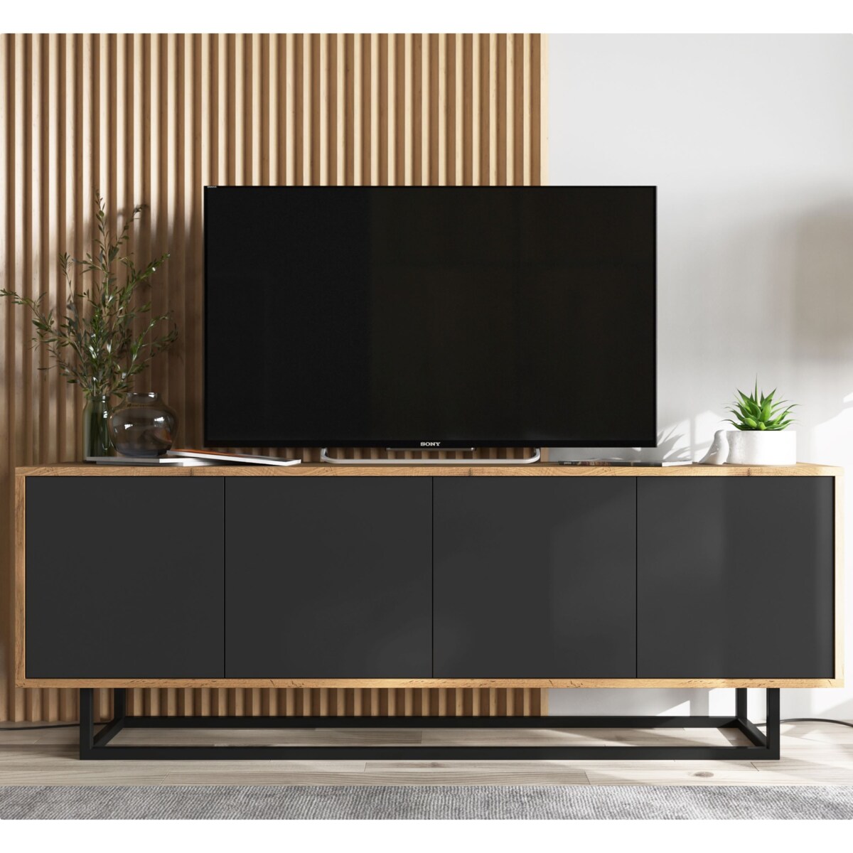 Industrialna Szafka RTV Loft Komoda RTV Dąb Wotan Czarny MAT 150 cm