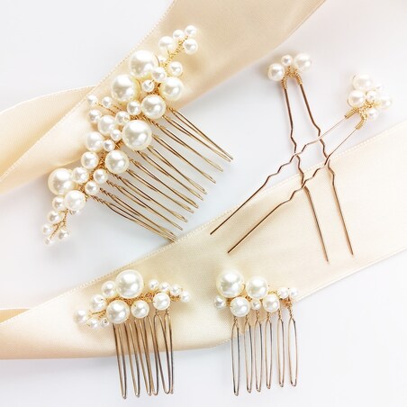 Zestaw ozdób ślubnych z perełkami złoty