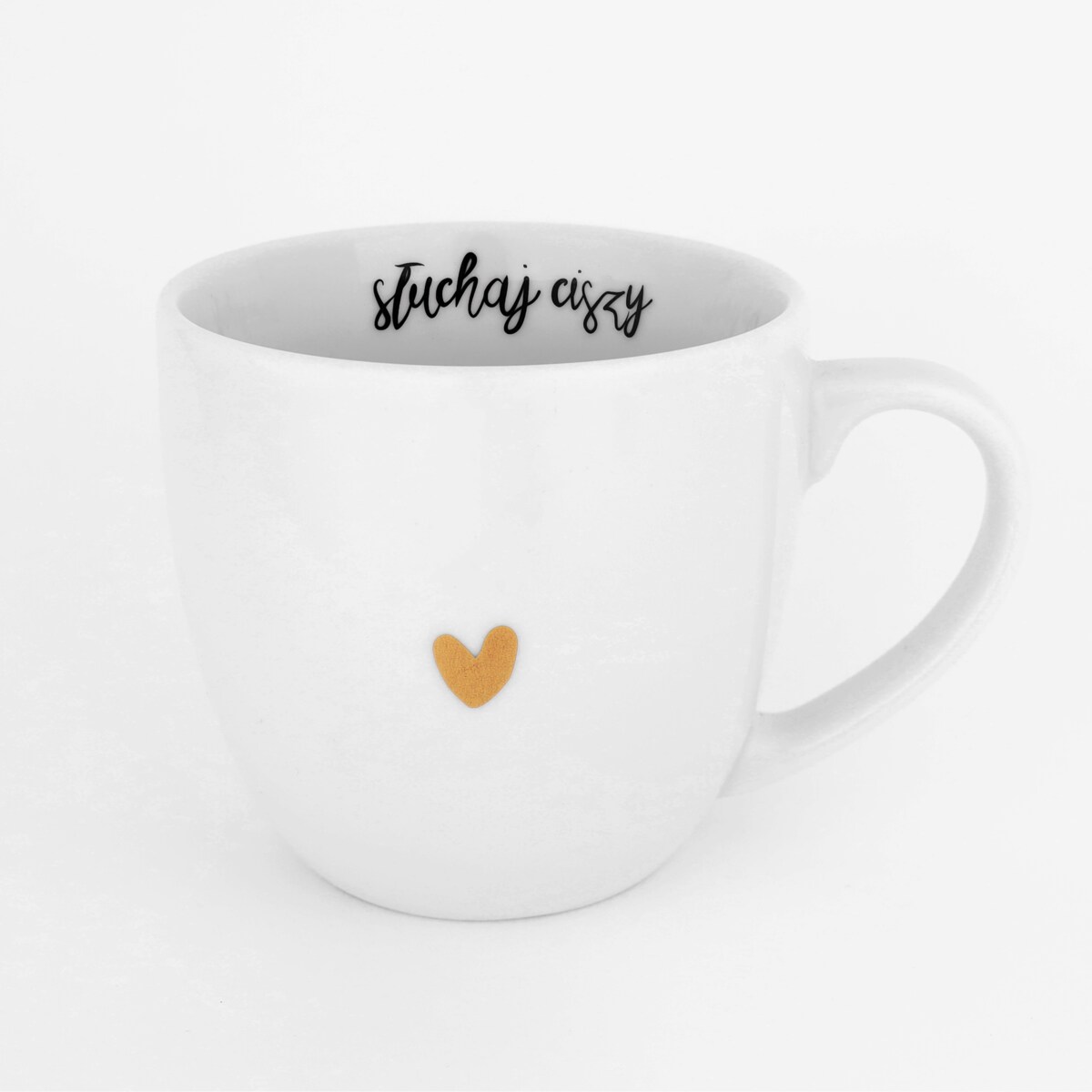 Biały kubek porcelanowy 300 ml ze złotym sercem i napisem „Słuchaj ciszy" wewnątrz - prezent na urodziny, Dzień Matki, Dzień Kobiet