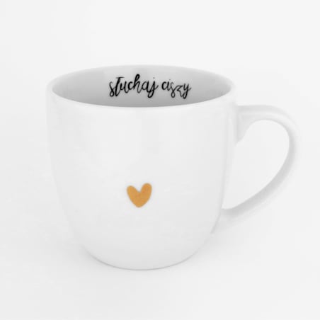 Biały kubek porcelanowy 300 ml ze złotym sercem i napisem „Słuchaj ciszy" wewnątrz - prezent na urodziny, Dzień Matki, Dzień Kobiet