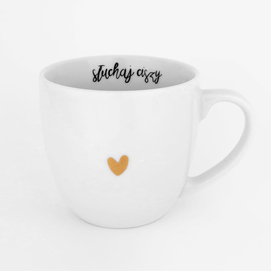 Biały kubek porcelanowy 300 ml ze złotym sercem i napisem „Słuchaj ciszy" wewnątrz - prezent na urodziny, Dzień Matki, Dzień Kobiet
