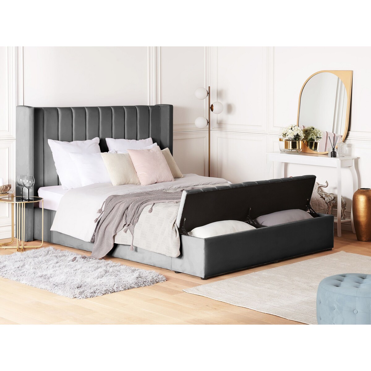 Łóżko welurowe z ławką 140 x 200 cm szare NOYERS