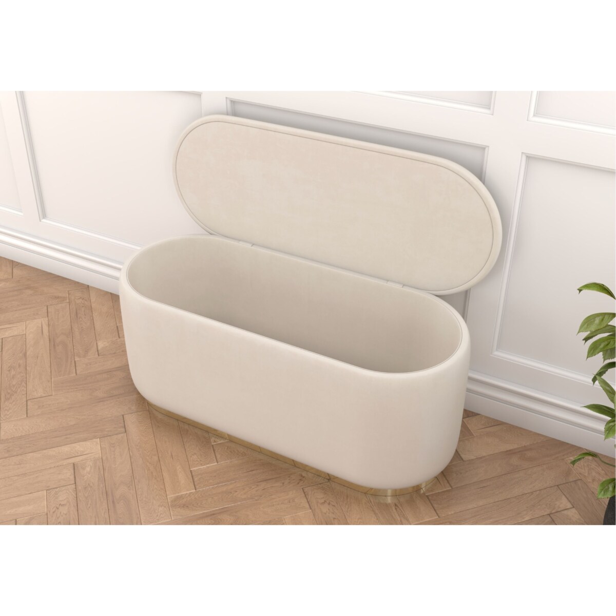 Tapicerowany owalny puf ze schowkiem Dancan SCARLETT na złotej podstawie / szer. 110 cm / beżowy