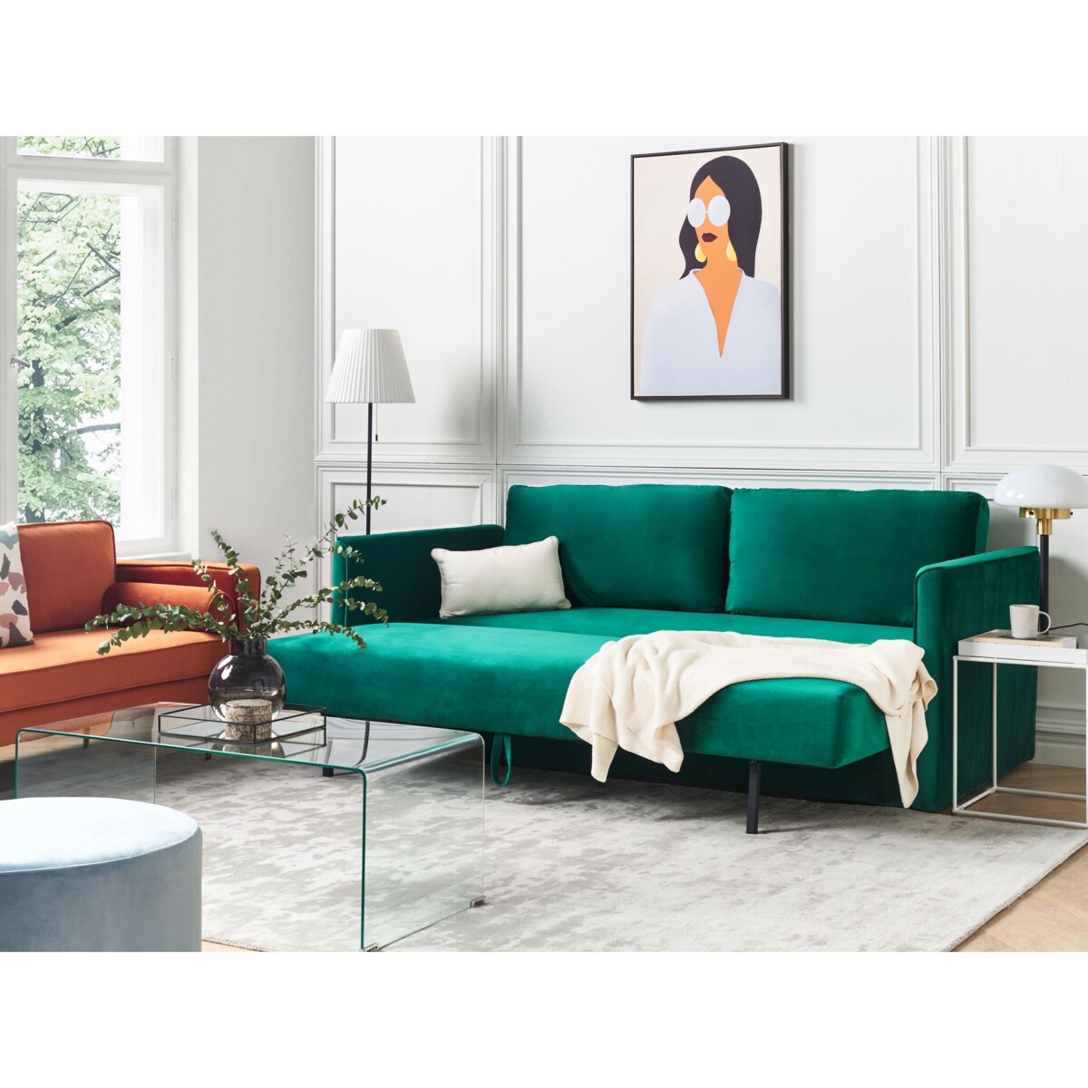 Sofa rozkładana welurowa zielona EKSJO