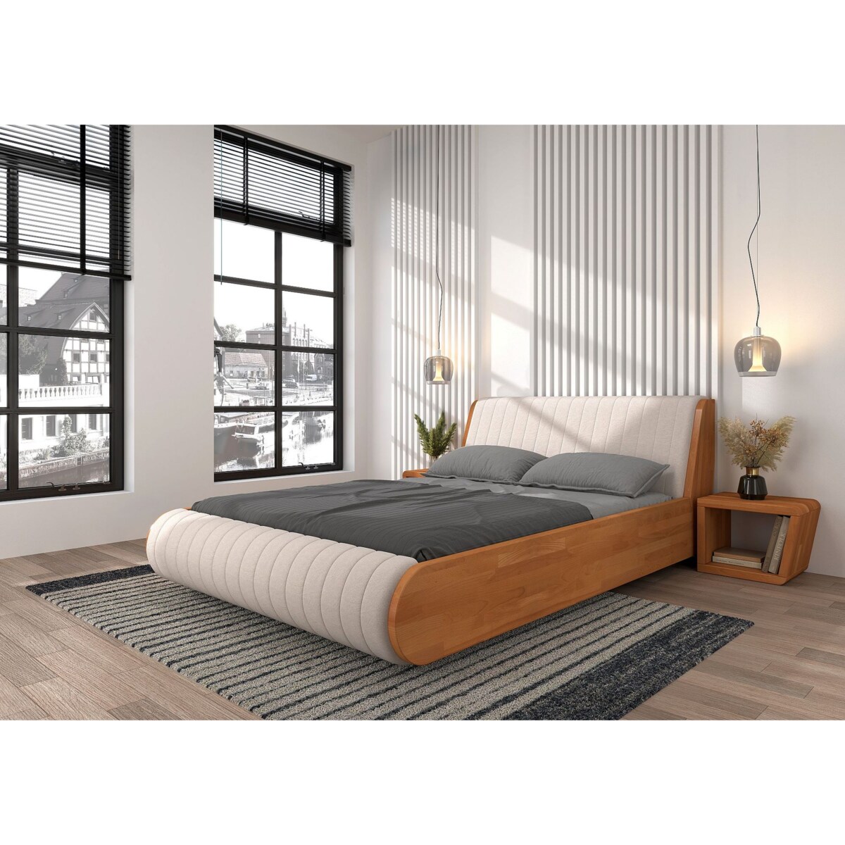 Łóżko lewitujące drewniane bukowe Visby HARALD / 140x200 cm, kolor naturalny, zagłówek Trinity 02