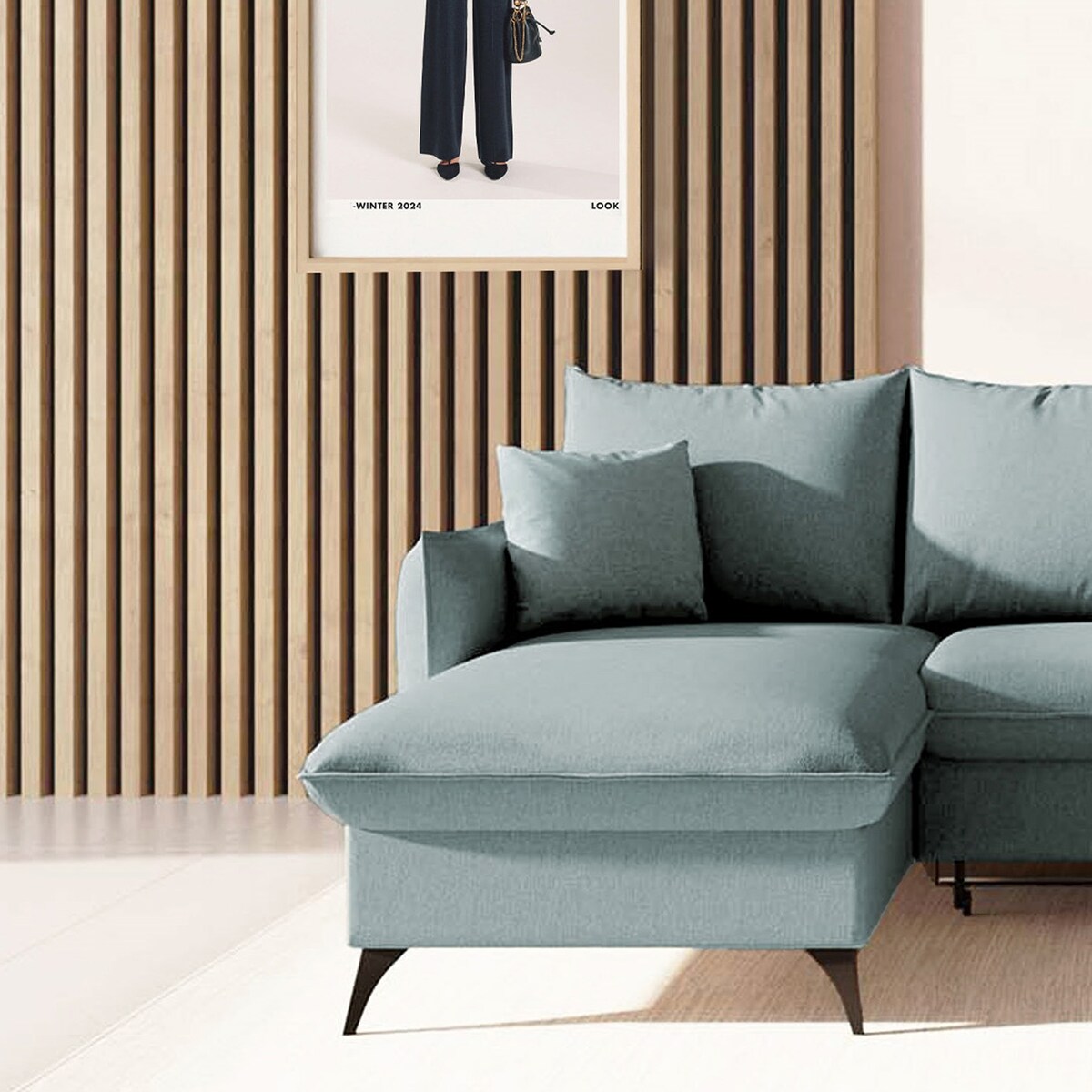 Brim Sofa narożna lewa z funkcją spania i pojemnikiem lewa jasnoniebieska