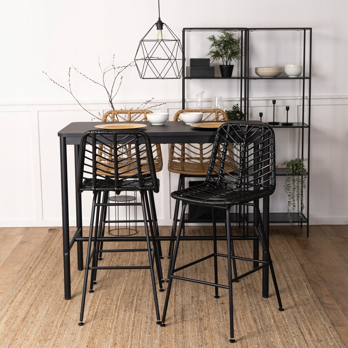 Hoker Krzesło Barowe Kuchenne Do Jadalni Ogrodowe Taras Rattan Czarne Jerry